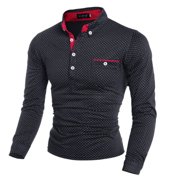 2019 New Spring Fashion Mens Dot Long Sleeve polo Shirts Stand Collar Male solid Polo Shirt free shipping plus size M-3XL